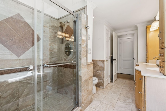 10 Burnell Dr, Yarmouth, ME 04096 - bathroom with vanity, ornamental molding, a shower stall, tile walls, and marble finish flooring