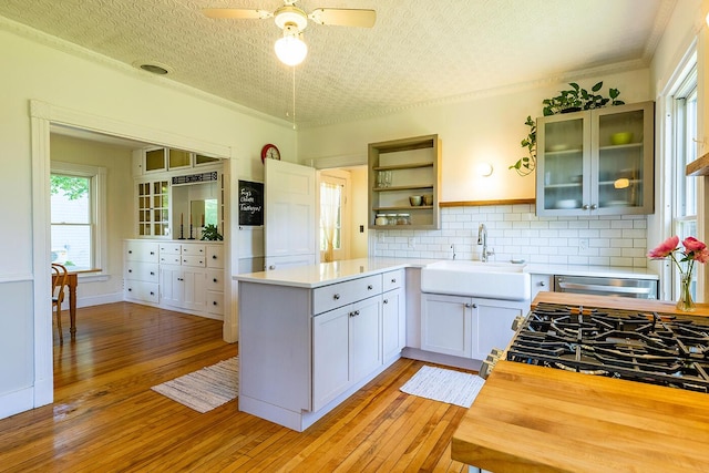 21 Elm St, Belfast, ME 04915 - kitchen with open shelves, decorative backsplash, light countertops, light wood finished floors, and ornamental molding