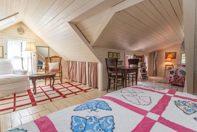 13 Gross Neck Rd, Waldoboro, ME 04572 - bedroom featuring vaulted ceiling, multiple windows, hardwood / wood-style floors, wooden walls, and wooden ceiling