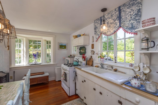 13 Gross Neck Rd, Waldoboro, ME 04572 - kitchen with white range with gas cooktop, open shelves, light countertops, and dark wood-style floors