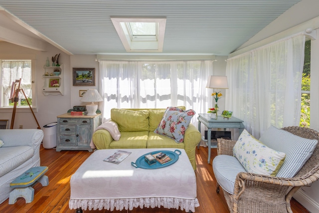 13 Gross Neck Rd, Waldoboro, ME 04572 - sunroom with hardwood / wood-style flooring, a skylight, lofted ceiling, and a wooden deck
