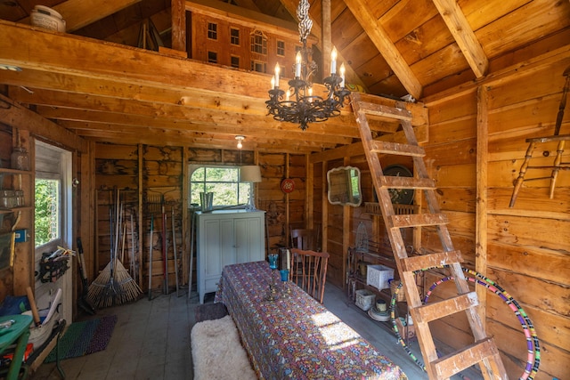 13 Gross Neck Rd, Waldoboro, ME 04572 - miscellaneous room featuring a chandelier, hardwood / wood-style floors, and wood walls