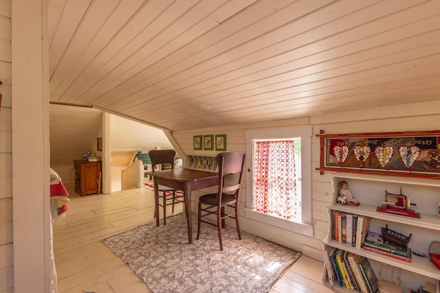 13 Gross Neck Rd, Waldoboro, ME 04572 - dining room with wooden ceiling, hardwood / wood-style flooring, and wood walls