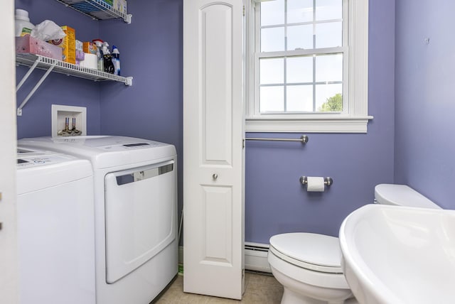 86 Allison Ave, Portland, ME 04103 - laundry area with washer and dryer, a baseboard heating unit, and light tile patterned flooring