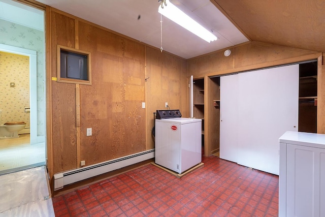 131 Russell Ave, Rockport, ME 04856 - laundry area with washer / dryer, a baseboard radiator, and tile patterned floors