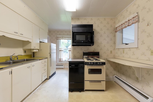 131 Russell Ave, Rockport, ME 04856 - kitchen with black appliances, baseboard heating, white cabinets, wallpapered walls, and crown molding