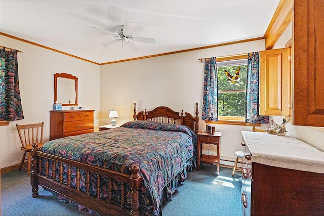 176 Perkins Beach Rd, Wayne, ME 04284 - bedroom featuring dark colored carpet, crown molding, a baseboard heating unit, and ceiling fan