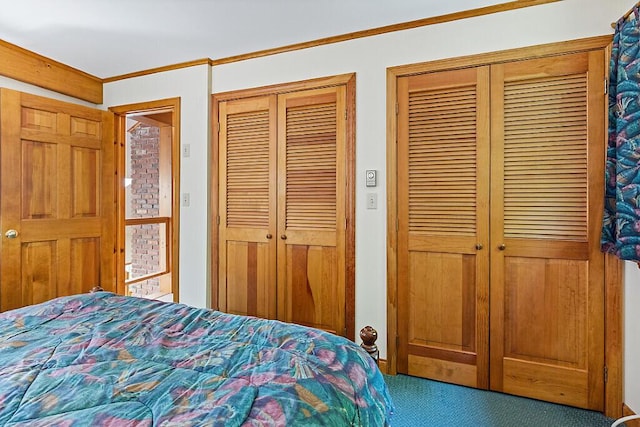 176 Perkins Beach Rd, Wayne, ME 04284 - bedroom featuring multiple closets, carpet flooring, and ornamental molding
