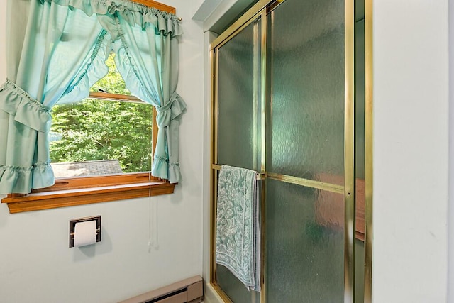 176 Perkins Beach Rd, Wayne, ME 04284 - bathroom with an enclosed shower and baseboard heating