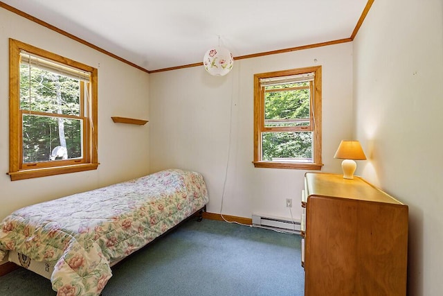 176 Perkins Beach Rd, Wayne, ME 04284 - carpeted bedroom featuring a baseboard radiator, multiple windows, and ornamental molding