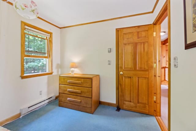 176 Perkins Beach Rd, Wayne, ME 04284 - carpeted bedroom featuring a baseboard heating unit and crown molding