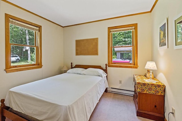 176 Perkins Beach Rd, Wayne, ME 04284 - bedroom featuring a baseboard radiator, crown molding, and carpet floors