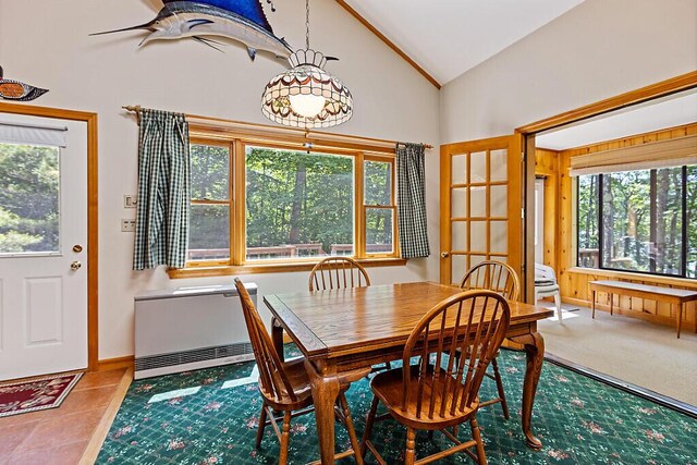 176 Perkins Beach Rd, Wayne, ME 04284 - dining area with lofted ceiling, healthy amount of natural light, a ceiling fan, and radiator
