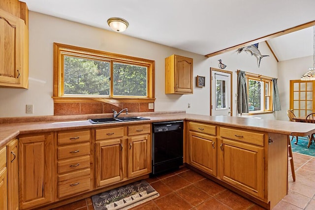 176 Perkins Beach Rd, Wayne, ME 04284 - kitchen with black dishwasher, a peninsula, light countertops, dark tile patterned floors, and lofted ceiling