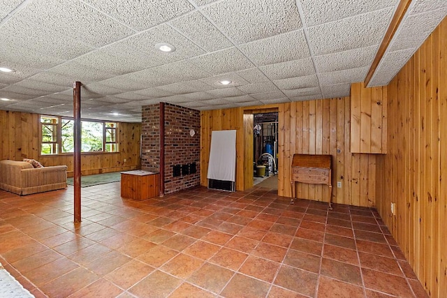 176 Perkins Beach Rd, Wayne, ME 04284 - basement with wooden walls, tile patterned floors, and recessed lighting