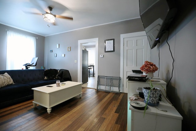 41 Dunn St, Auburn, ME 04210 - living area featuring ceiling fan, wood-type flooring, and crown molding