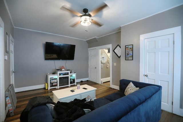 41 Dunn St, Auburn, ME 04210 - living area with a ceiling fan, dark wood-style floors, and ornamental molding