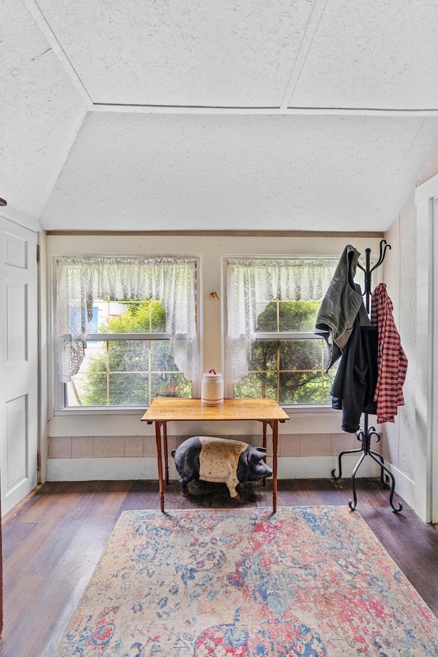 22 River Rd, Dresden, ME 04342 - office area with lofted ceiling, wood finished floors, and a textured ceiling