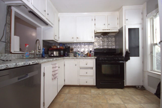 30 Burnham St, Old Town, ME 04468 - kitchen featuring black gas stove, dishwasher, under cabinet range hood, backsplash, and white cabinetry