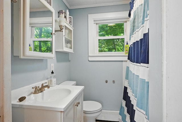 2 Clark St, Randolph, ME 04346 - full bath with a baseboard radiator, vanity, crown molding, and a shower with shower curtain