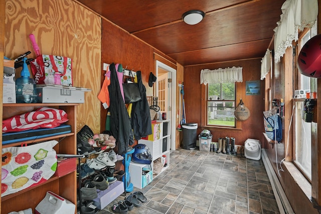 2 Clark St, Randolph, ME 04346 - interior space featuring stone finish flooring, wood ceiling, and wooden walls