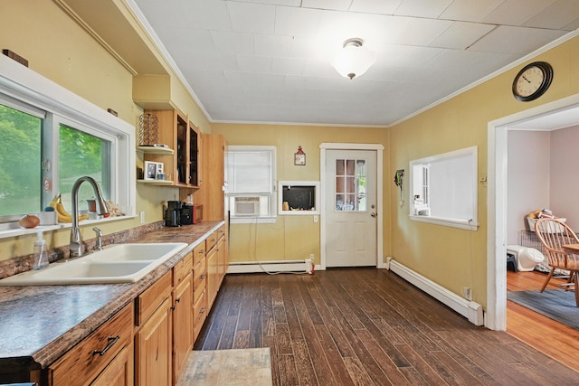 2 Clark St, Randolph, ME 04346 - kitchen featuring a baseboard radiator, plenty of natural light, open shelves, and ornamental molding