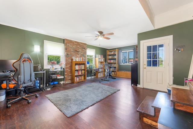 911 Spring St, Westbrook, ME 04092 - office featuring a ceiling fan, wood finished floors, and ornamental molding