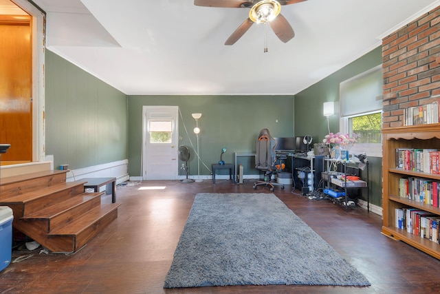 911 Spring St, Westbrook, ME 04092 - living room featuring healthy amount of natural light, ceiling fan, wood finished floors, and crown molding
