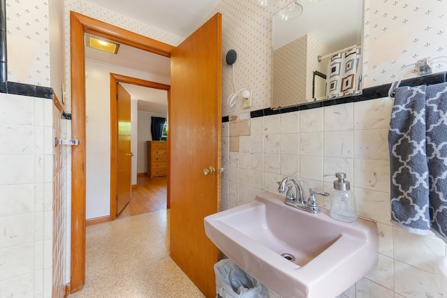 911 Spring St, Westbrook, ME 04092 - bathroom with tile walls and wallpapered walls