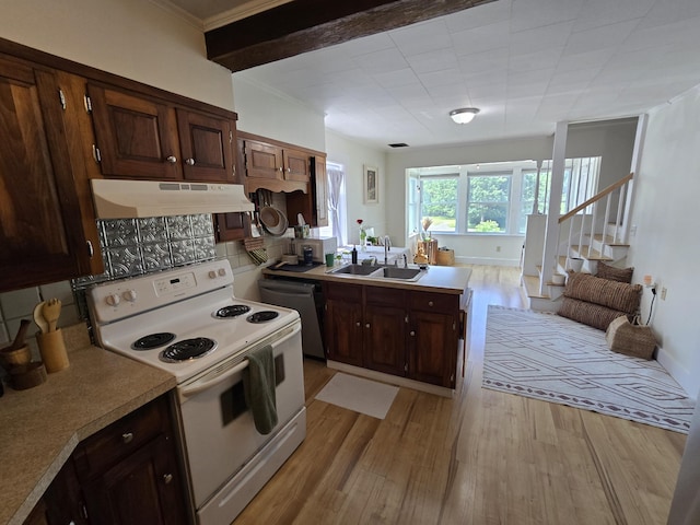314 River Rd, Orrington, ME 04474 - kitchen with white range with electric stovetop, under cabinet range hood, light wood-style flooring, dishwasher, and a peninsula