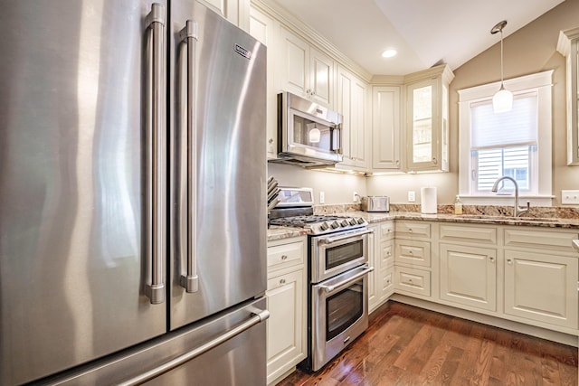 375 Pride St Unit 15, Westbrook, ME 04092 - kitchen with stainless steel appliances, vaulted ceiling, light stone counters, dark wood-type flooring, and glass insert cabinets