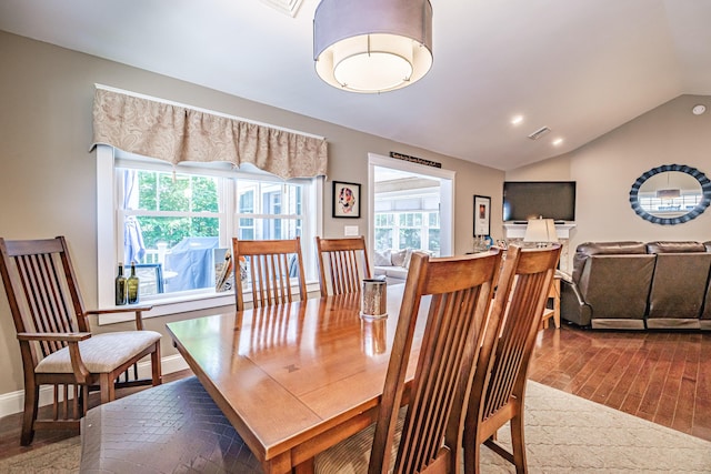 375 Pride St Unit 15, Westbrook, ME 04092 - dining space with dark wood finished floors, lofted ceiling, and recessed lighting