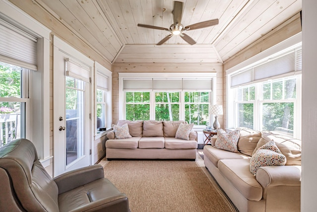 375 Pride St Unit 15, Westbrook, ME 04092 - living area with wooden ceiling, vaulted ceiling, a ceiling fan, plenty of natural light, and wooden walls