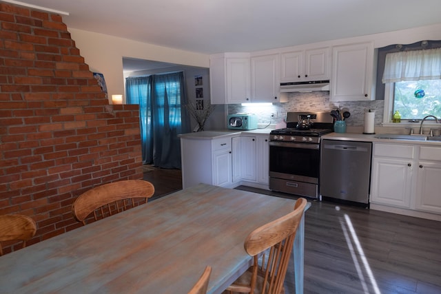 55 Ossipee Trl E, Standish, ME 04084 - kitchen featuring stainless steel appliances, under cabinet range hood, light countertops, white cabinets, and decorative backsplash