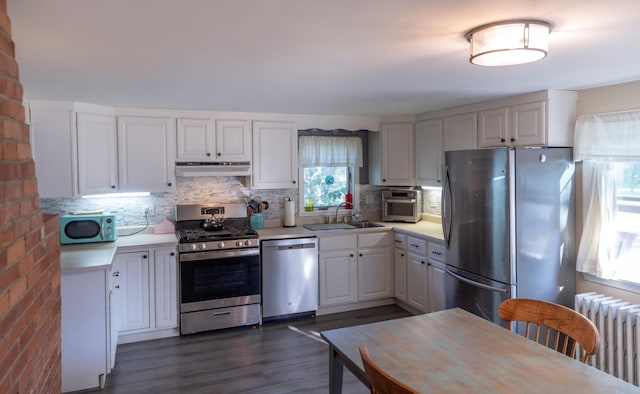 55 Ossipee Trl E, Standish, ME 04084 - kitchen featuring stainless steel appliances, under cabinet range hood, radiator heating unit, dark wood-style floors, and light countertops