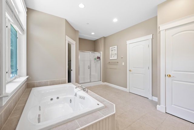 2 Summit Ln, Raymond, ME 04071 - full bath with a stall shower, a whirlpool tub, tile patterned floors, and recessed lighting