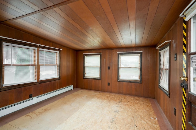 4 Sterling Rd, Kittery, ME 03904 - empty room with a baseboard radiator, wooden ceiling, healthy amount of natural light, and wood walls