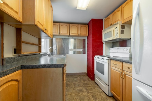 4 Sterling Rd, Kittery, ME 03904 - kitchen with white appliances, dark countertops, brick wall, and dark flooring