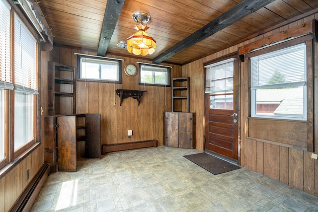 4 Sterling Rd, Kittery, ME 03904 - doorway with a baseboard radiator, wooden walls, a wooden ceiling with exposed beams, and light floors