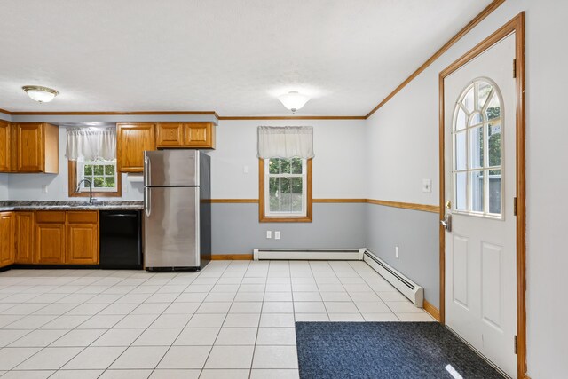 24 Maple Ridge Rd, Gorham, ME 04038 - kitchen featuring freestanding refrigerator, dishwasher, a baseboard heating unit, a baseboard radiator, and brown cabinetry