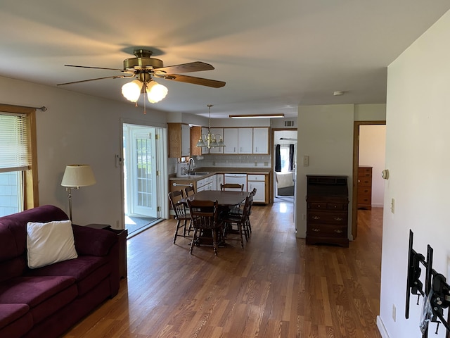 68 Stetson Rd, Newport, ME 04953 - dining room with ceiling fan and dark wood-style flooring