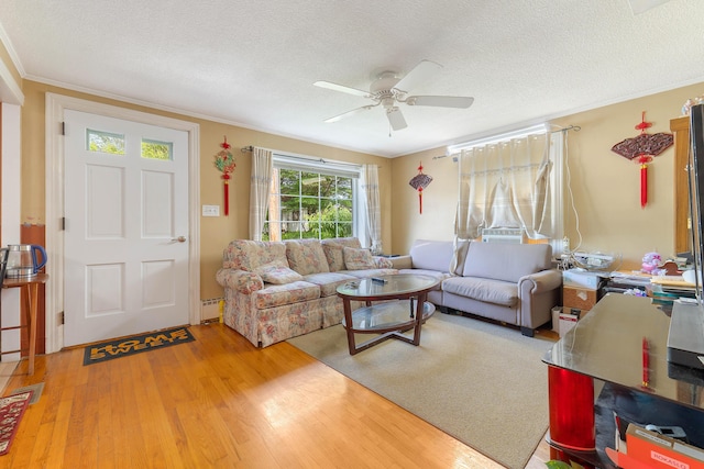 96 Holm Ave, Portland, ME 04102 - living area with wood finished floors, ceiling fan, a textured ceiling, crown molding, and baseboard heating