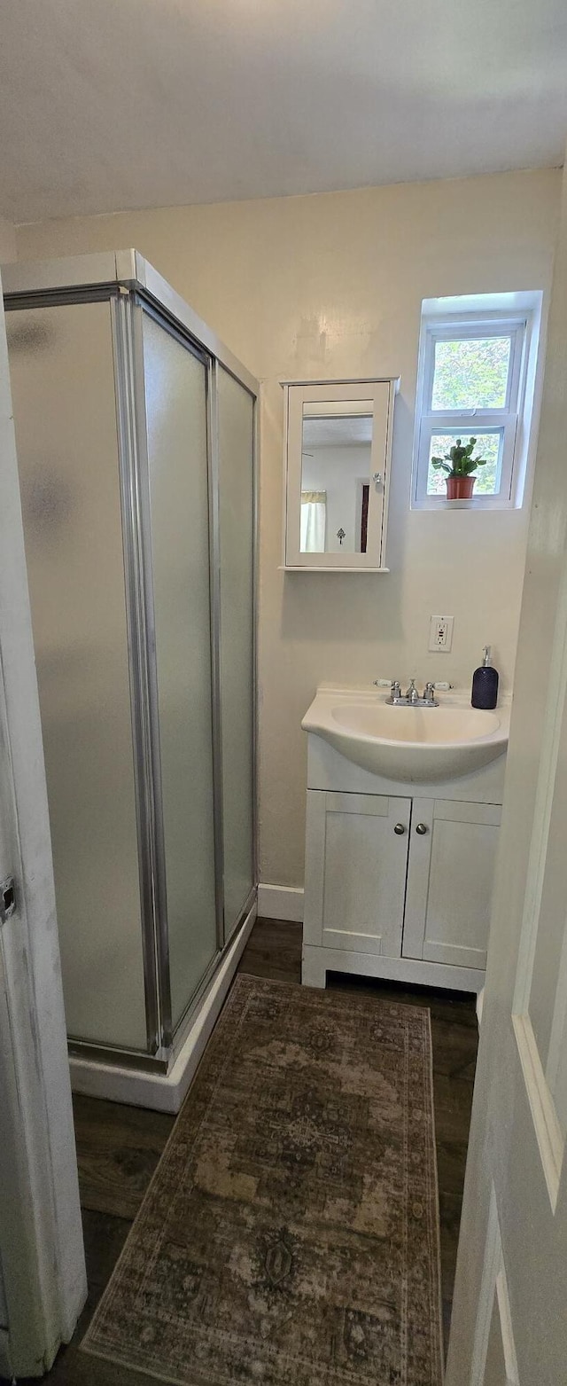 555 Depot St, Wilton, ME 04294 - bathroom featuring wood finished floors, vanity, and a shower stall