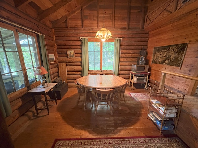 124 S Shore Dr, Rangeley Plt, ME 04970 - dining space with wooden ceiling, log walls, wood-type flooring, and a chandelier