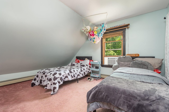 64 Pond View Dr, Otisfield, ME 04270 - carpeted bedroom featuring baseboard heating, lofted ceiling, and cooling unit