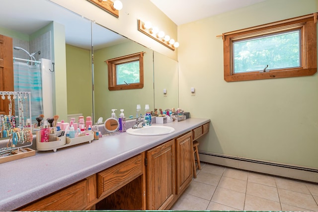 64 Pond View Dr, Otisfield, ME 04270 - full bathroom featuring a baseboard radiator, tile patterned floors, vanity, and a shower