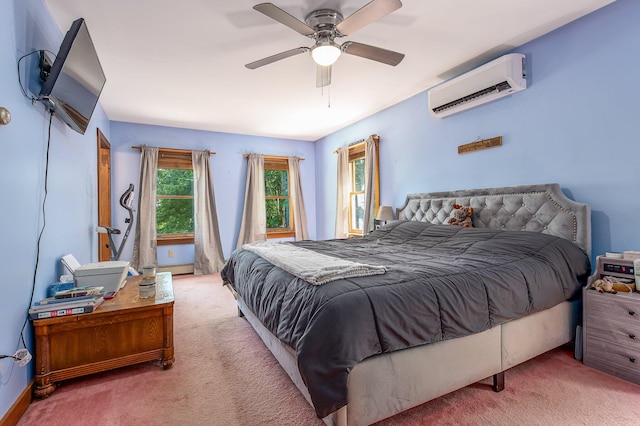64 Pond View Dr, Otisfield, ME 04270 - bedroom with a wall mounted air conditioner, carpet flooring, and ceiling fan