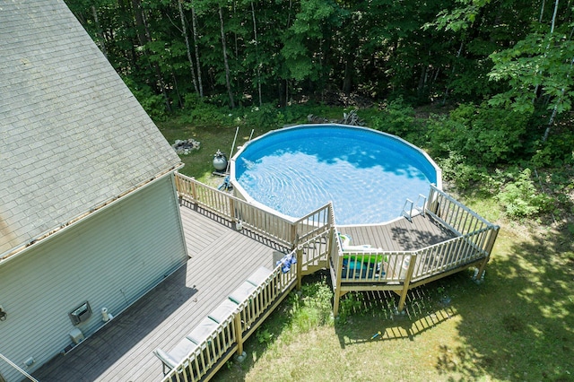 64 Pond View Dr, Otisfield, ME 04270 - swimming pool featuring a wooden deck and stairway