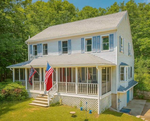 64 Pond View Dr, Otisfield, ME 04270 - view of front of house featuring a porch, a garage, roof with shingles, and a front yard