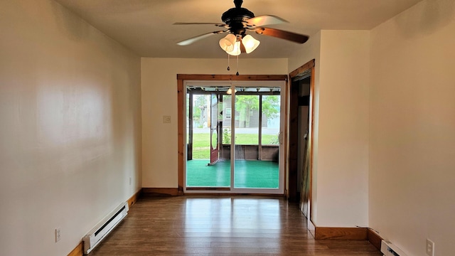 1106 S Belfast Ave, Augusta, ME 04330 - spare room featuring baseboard heating, wood finished floors, ceiling fan, and a baseboard heating unit